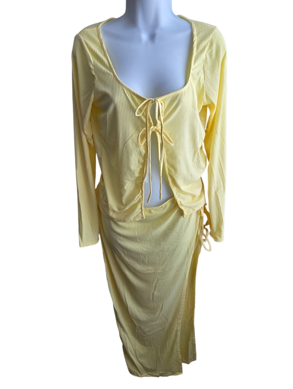 NWT Pretty Little Thing Yellow Ribbed Tie Long Sleeve Top Skirt Set US Size 12